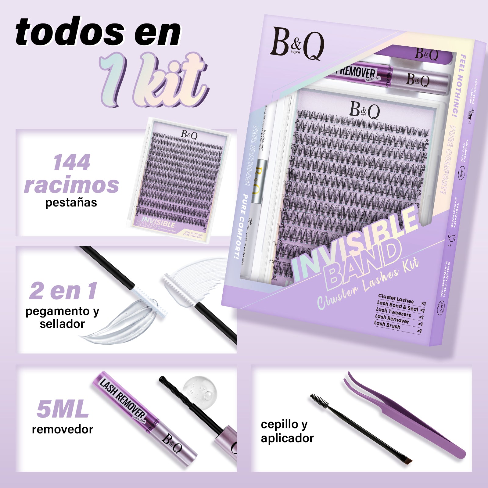 Contenido del kit de extensiones de pestañas venus con raíces invisibles