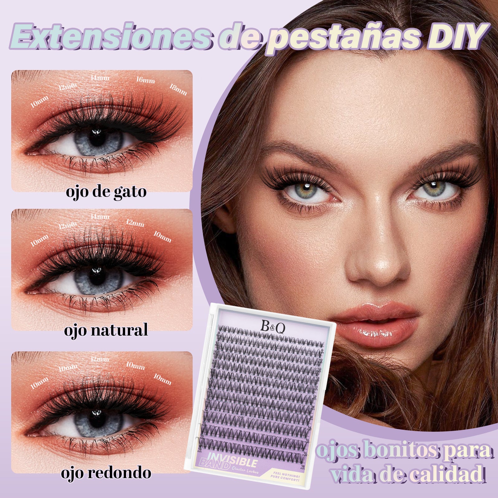 Efecto en los ojos del kit de extensiones de pestañas venus con raíces invisibles
