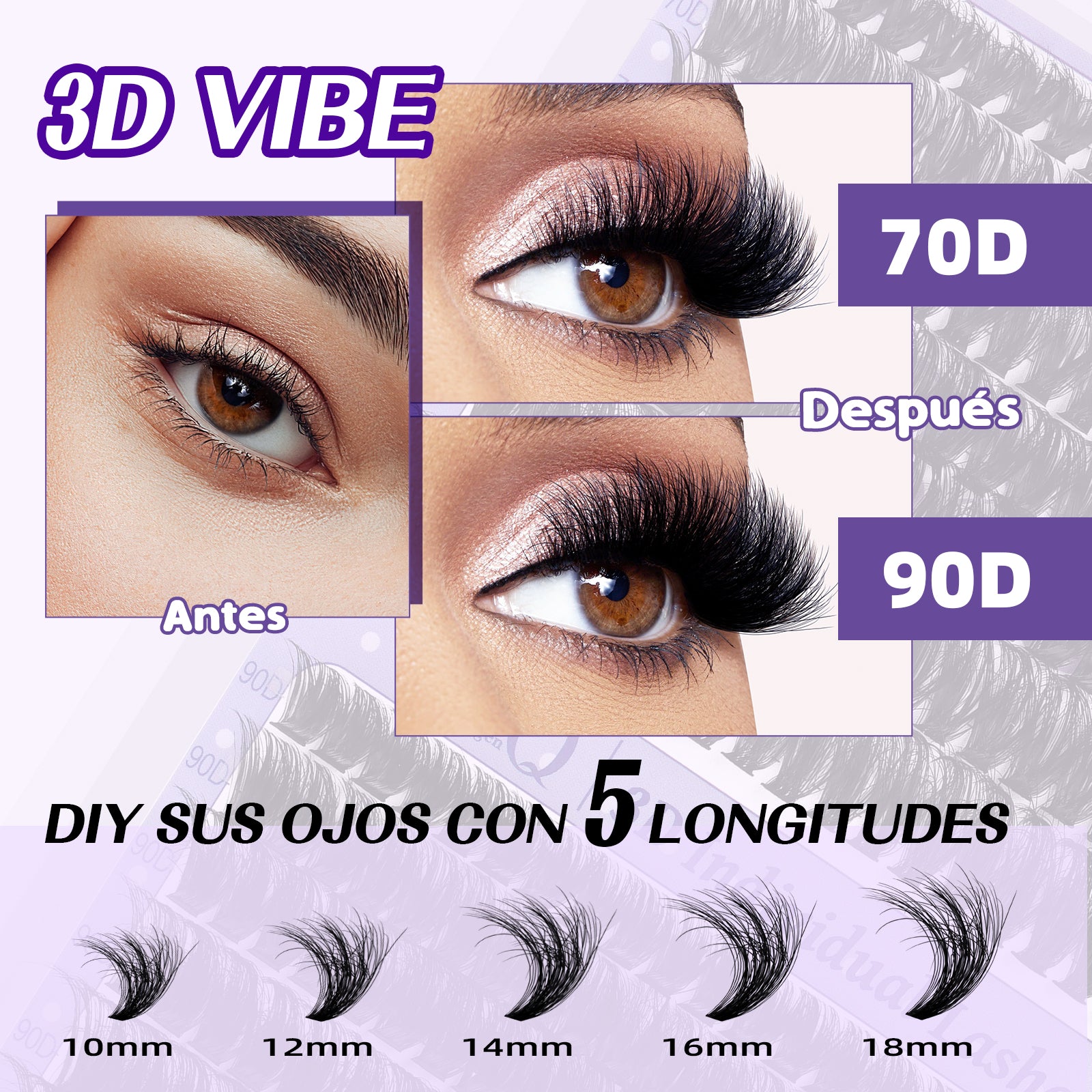 el detalle de Kit de Extensiones de Pestañas 70D+90D con efecto 3D