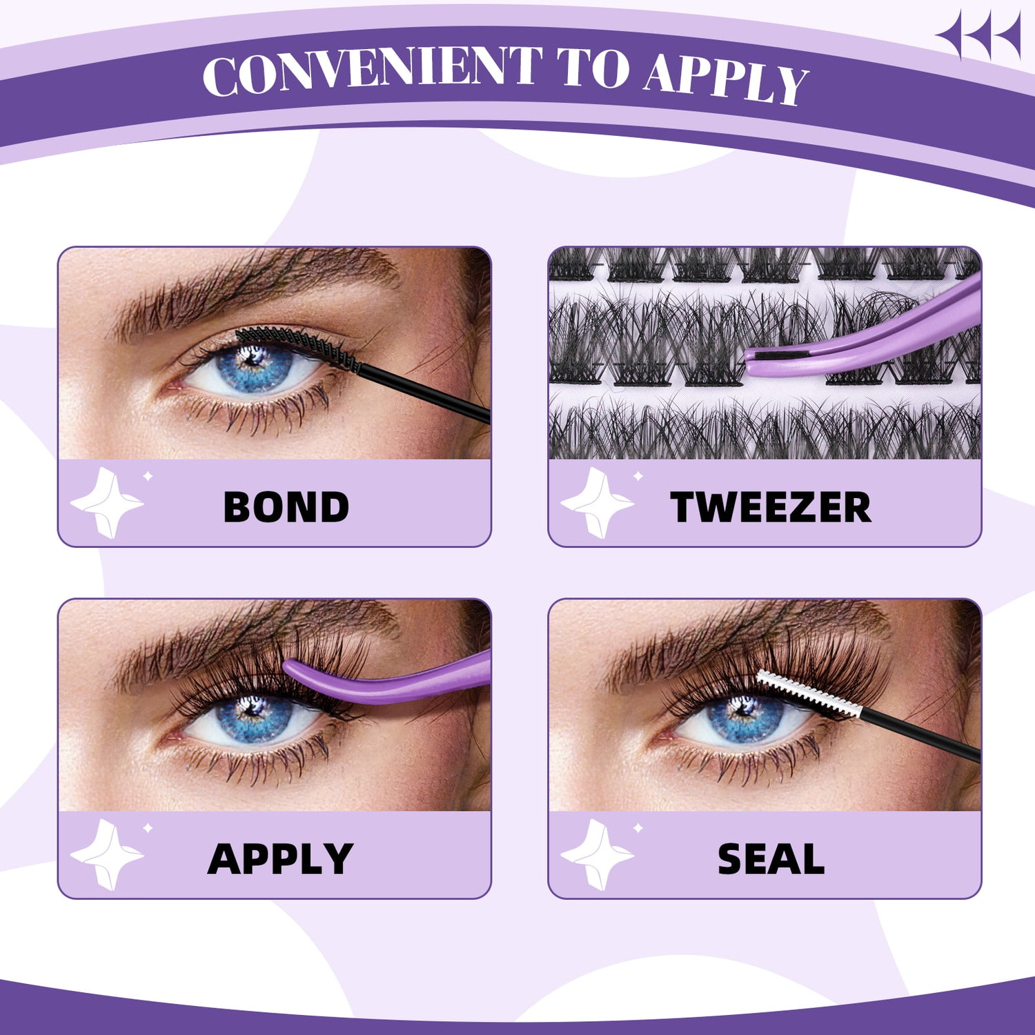 How to apply diy lashes: 1.apply bond 2. place lashes underneath own lashes 3.apply seal