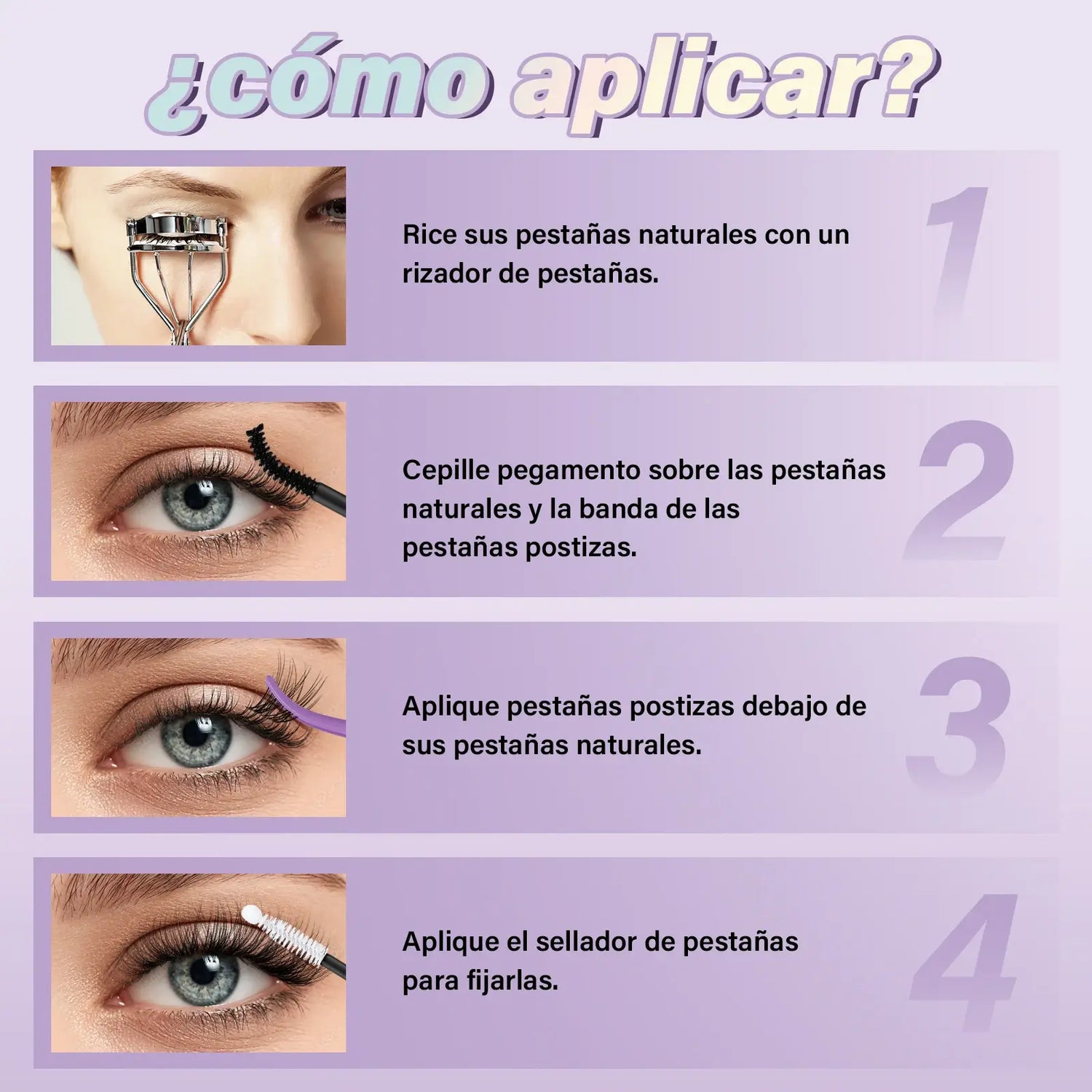 Step-by-step guide on applying false eyelashes with text in Spanish.