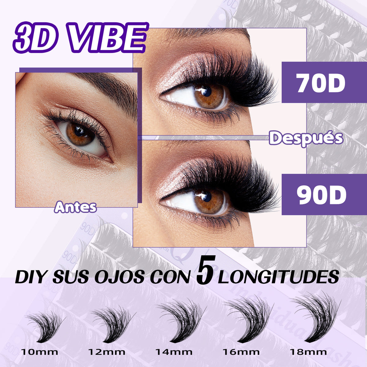 el detalle de Kit de Extensiones de Pestañas 70D+90D con efecto 3D