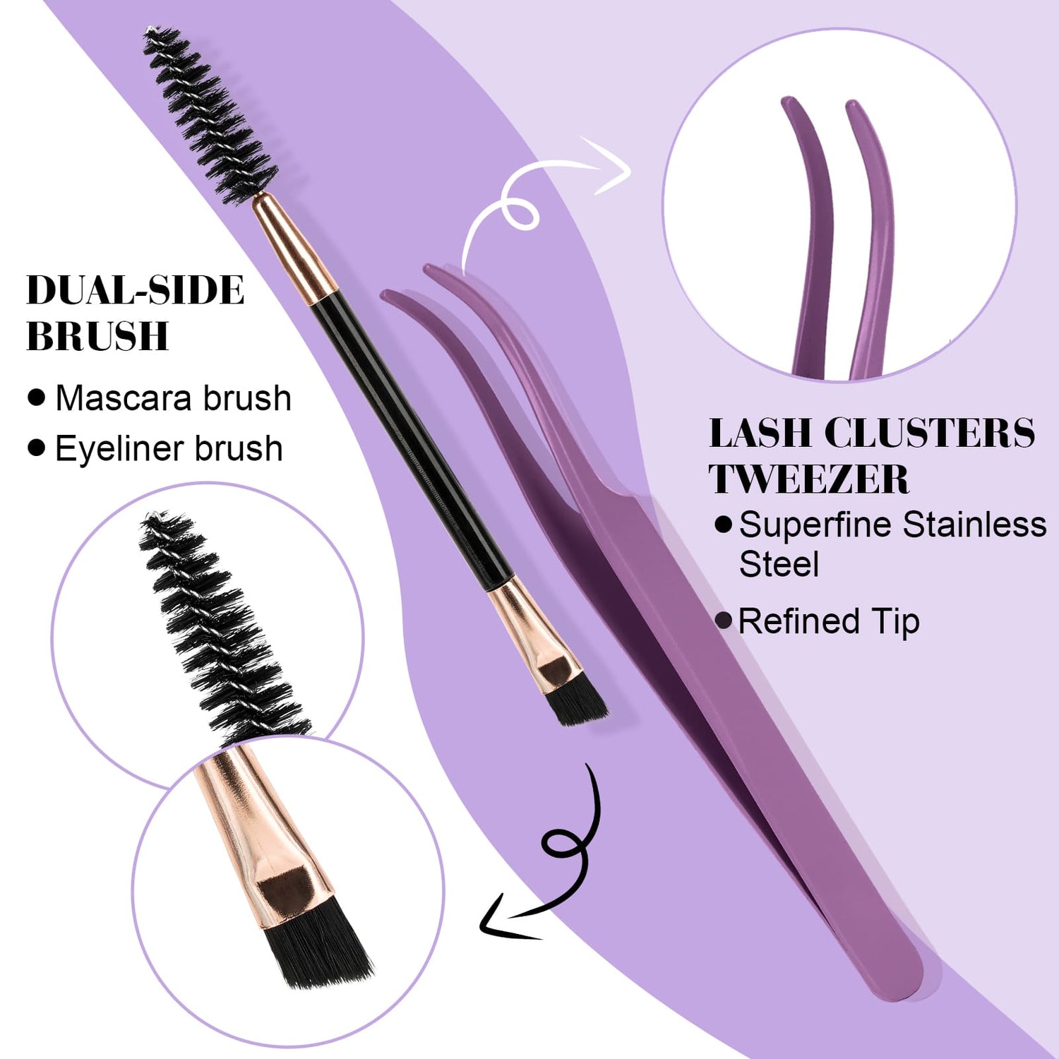 Dual-side brush and purple tweezer for diy lashes